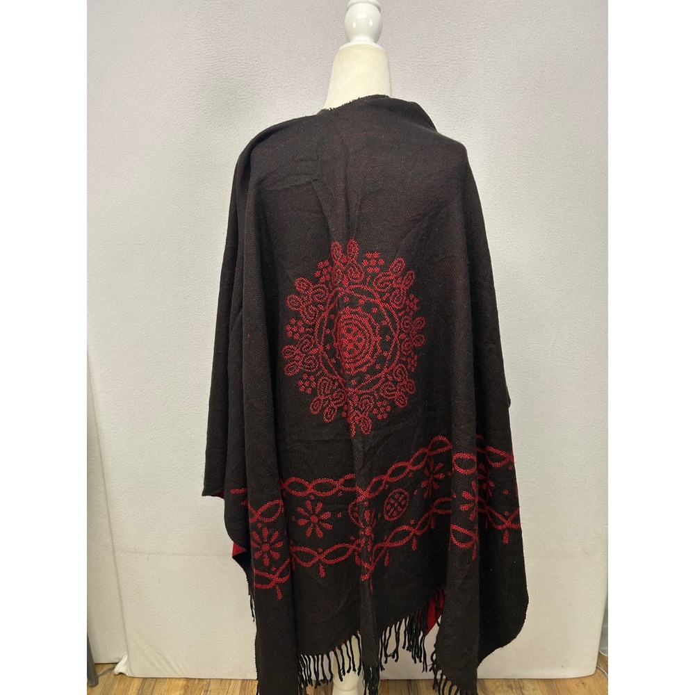Boho Ethnic Panco Women OS Black Red Reversible Mandala Fringe Shawl Wrap